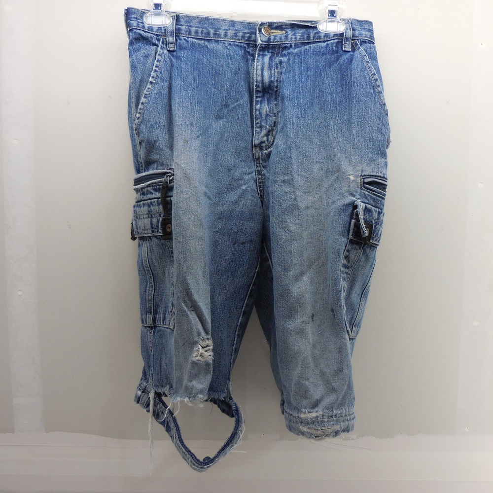Arizona Jean Co Thrashed Denim Cargo‎ Shorts Blue Distressed 24 Waist Vintage